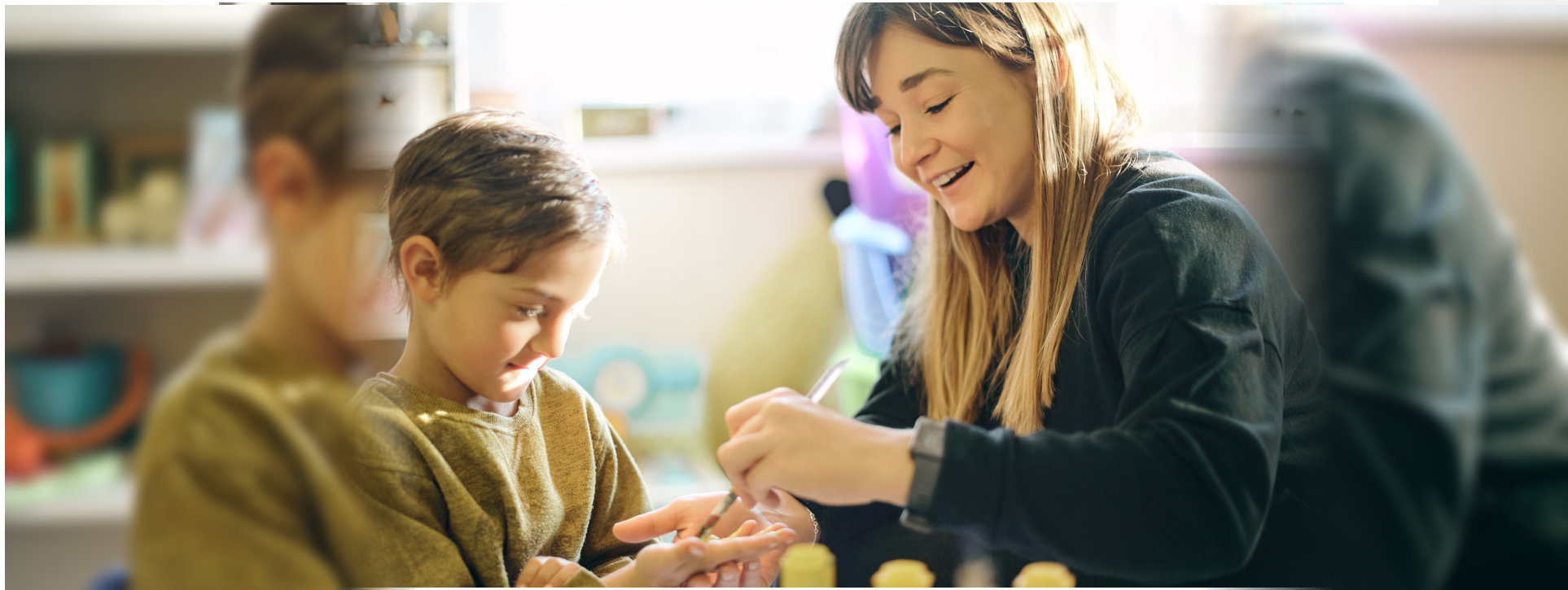 Art, activity and teacher and student painting hands for learning, education and project.